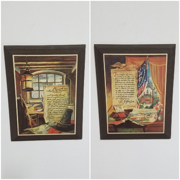 Vintage Set of 2 Patriotic Plymouth 1620 Mayflower Compact Wooden Wall Plaques - Picture 1 of 14